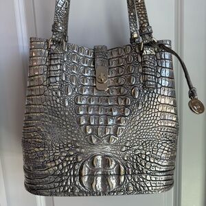 Brahmin Fiora Shoulder Bucket Tote Chrome Silver Metallic Leather